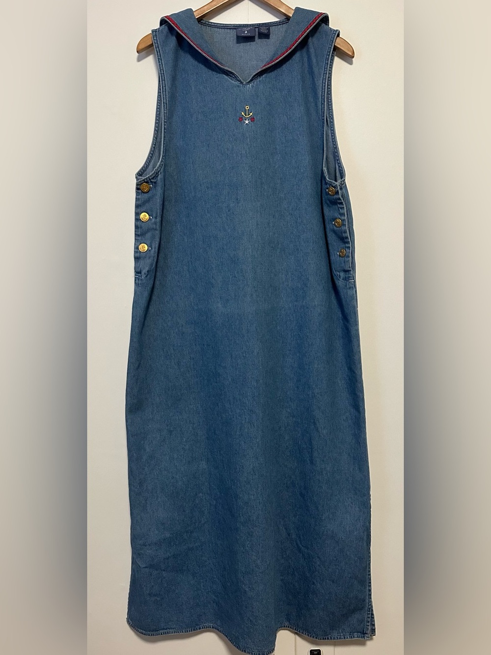 Mountain Lake Navy Denim Sailor-Style Denim Jumper Dress with Red Trim